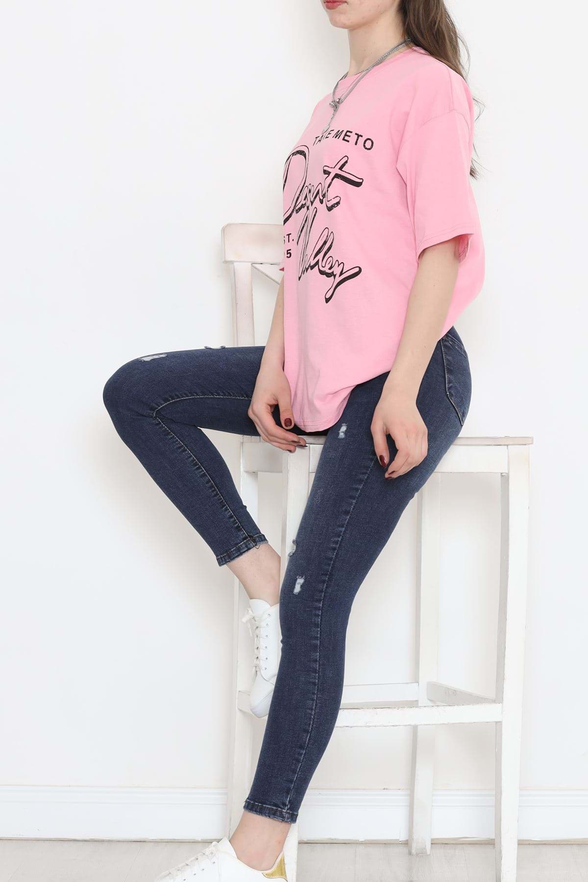 Baskılı Bisiklet Yaka Tişört Pembe - 16516.1567. resmi