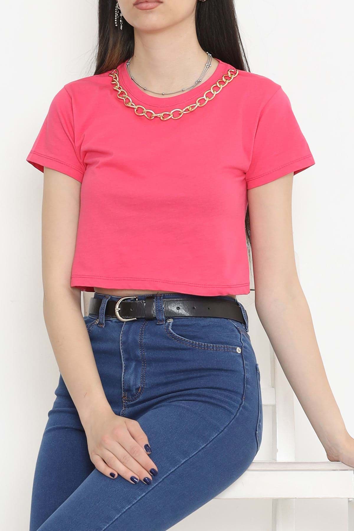 Zincirli Crop Tişört Fuşya - 673.1247. resmi