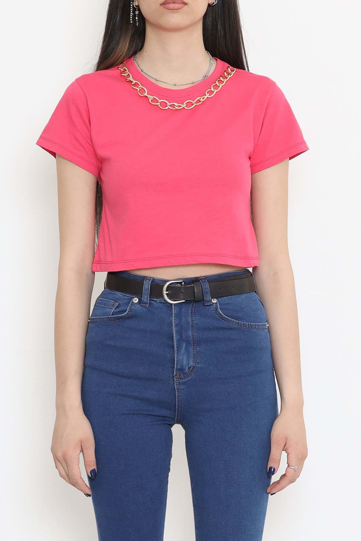 Zincirli Crop Tişört Fuşya - 673.1247. resmi