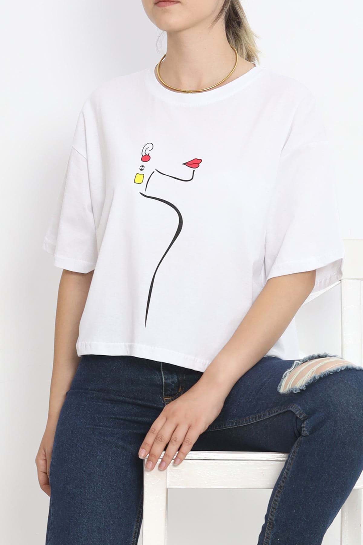 Baskılı Crop Tişört Beyaz - 16486.1567. resmi