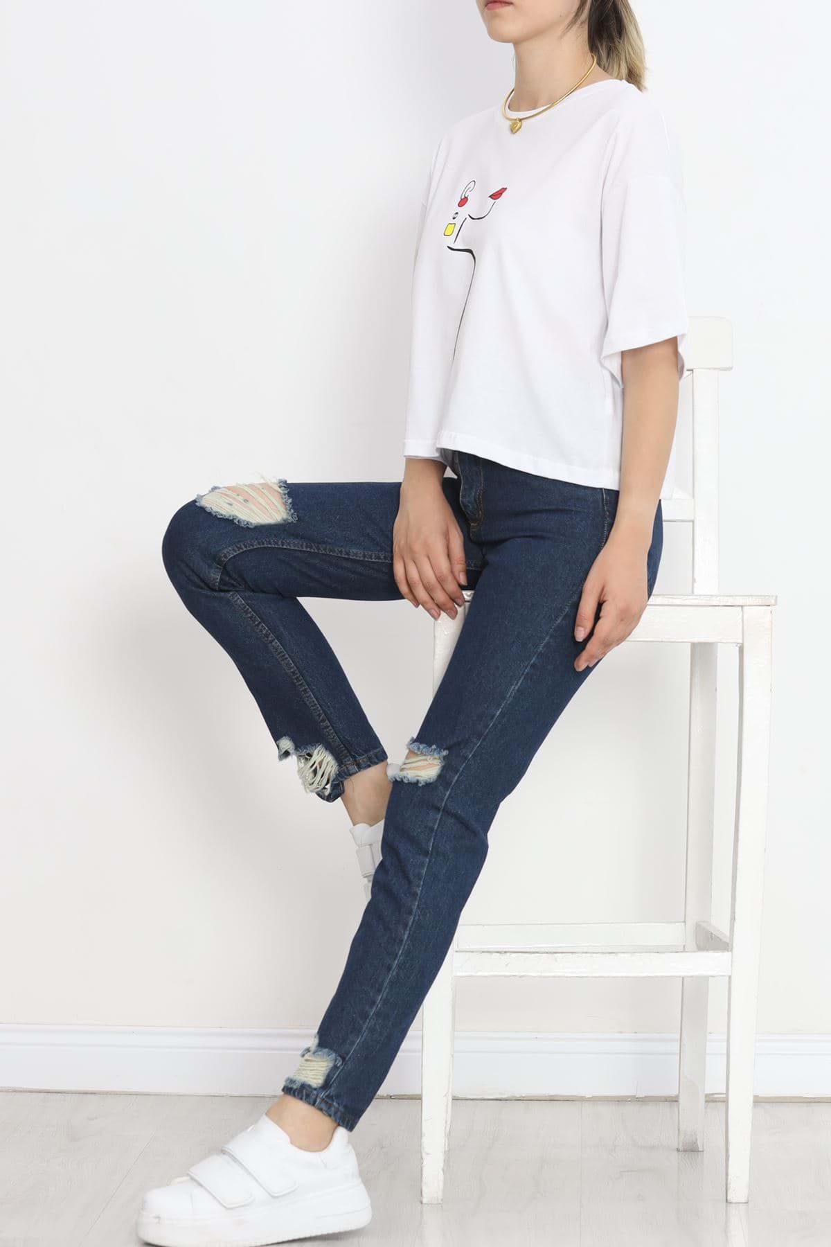 Baskılı Crop Tişört Beyaz - 16486.1567. resmi