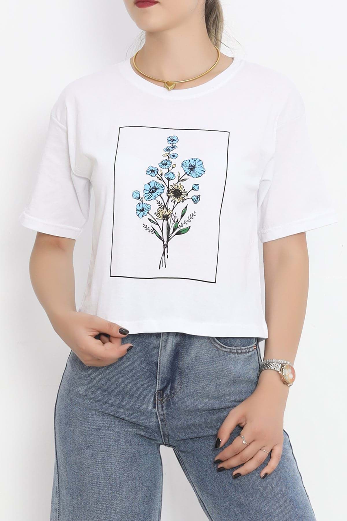 Çiçek Baskılı Tişört Beyaz - 16472.1567. resmi