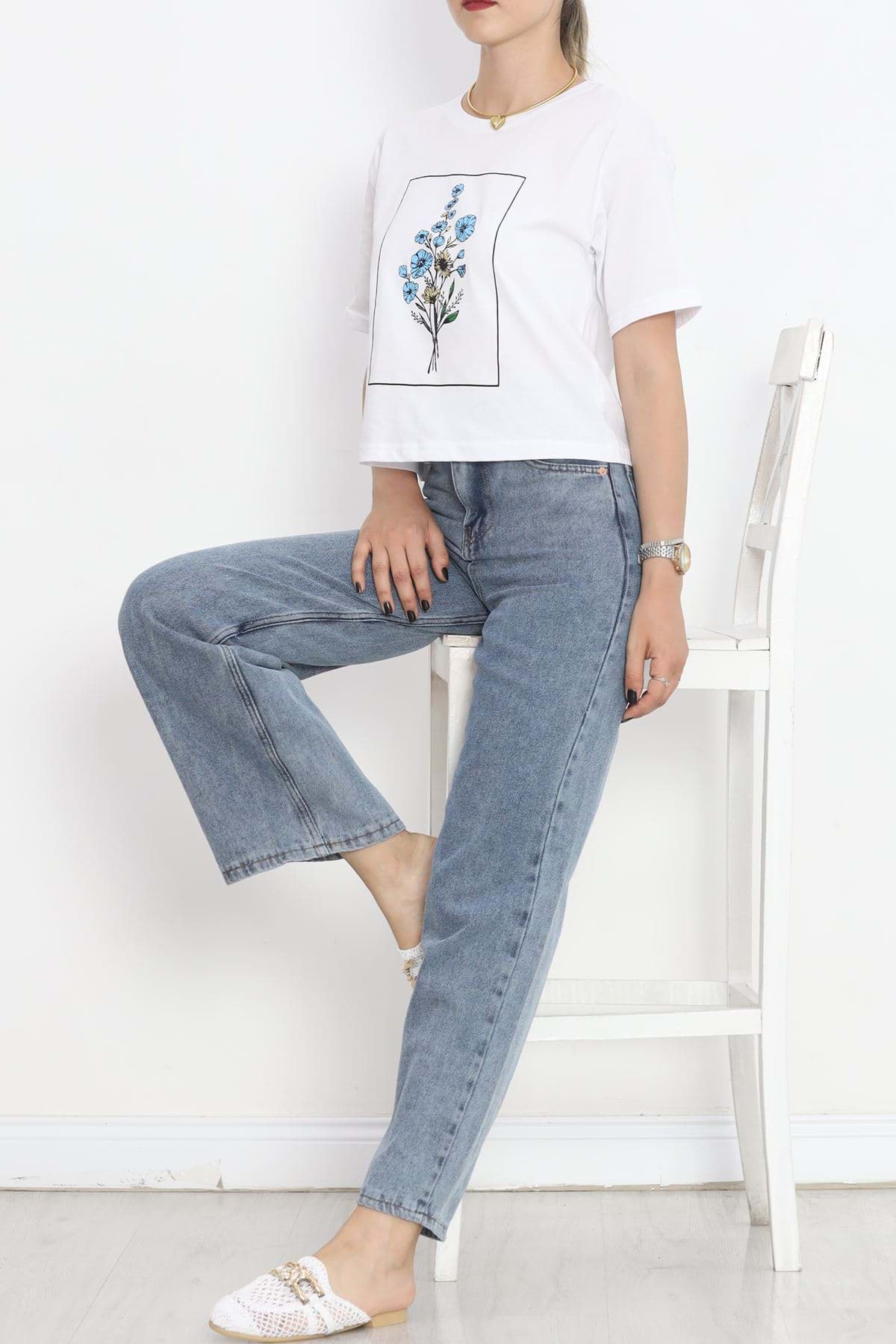 Çiçek Baskılı Tişört Beyaz - 16472.1567. resmi