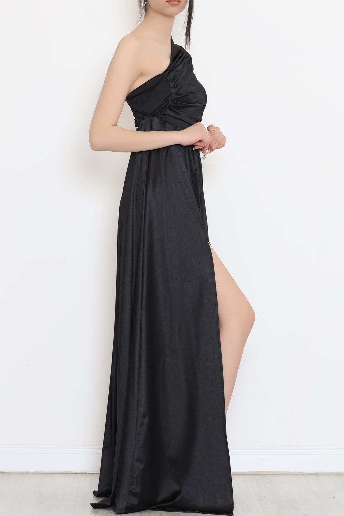 Uzun Saten Elbise Siyah - 582227.1592. resmi