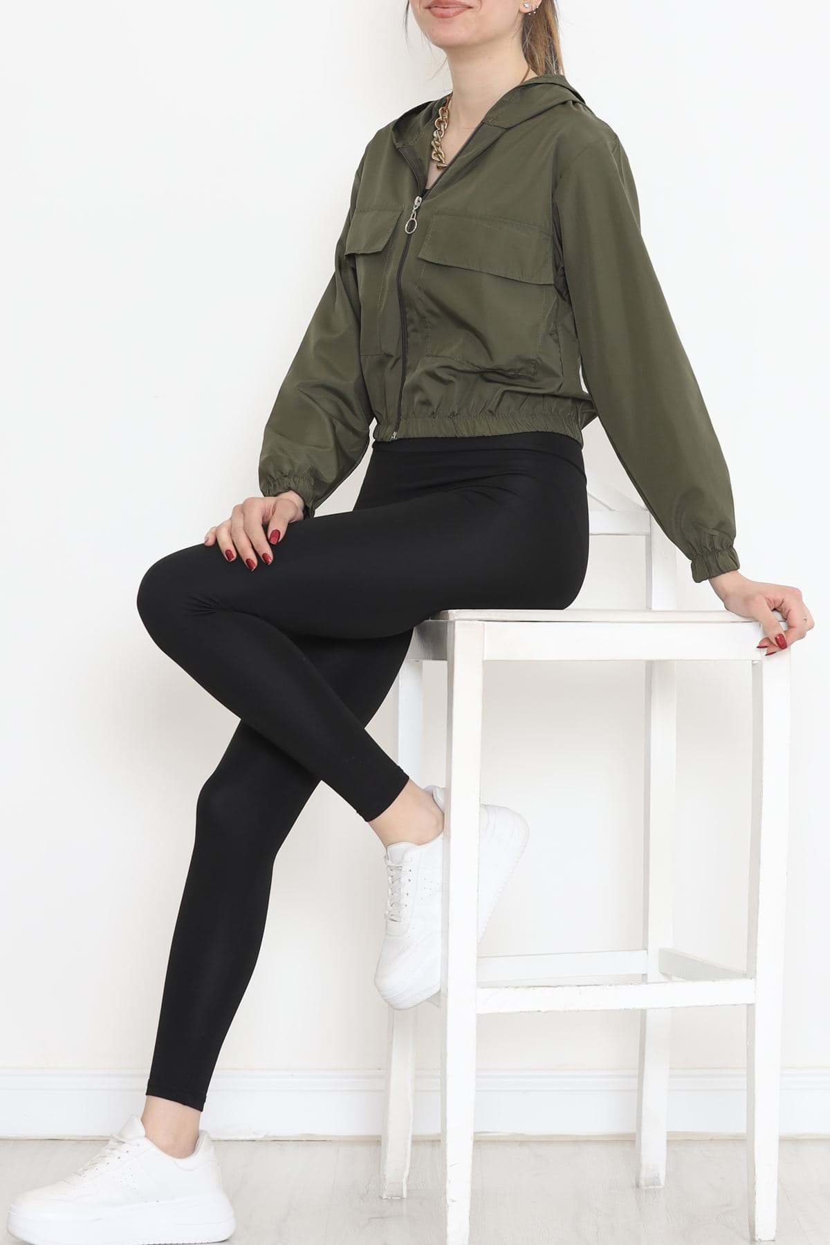 Çift Cepli Crop Yağmurluk Haki - 17743.1247. resmi